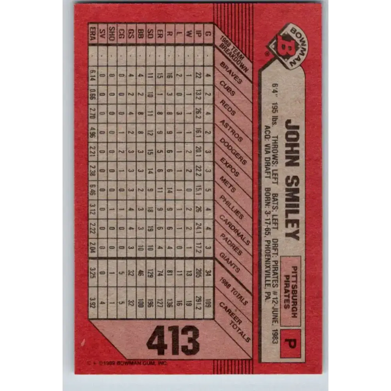 1989 Bowman #413 John Smiley NM-MT Pittsburgh Pirates Baseball Card - Baseball Card Single