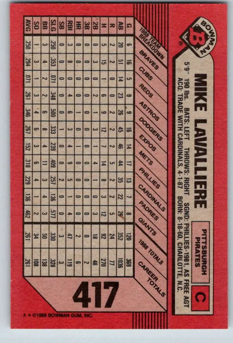 1989 Bowman #417 Mike LaValliere NM-MT Pittsburgh Pirates Baseball Card - Baseball Card Single