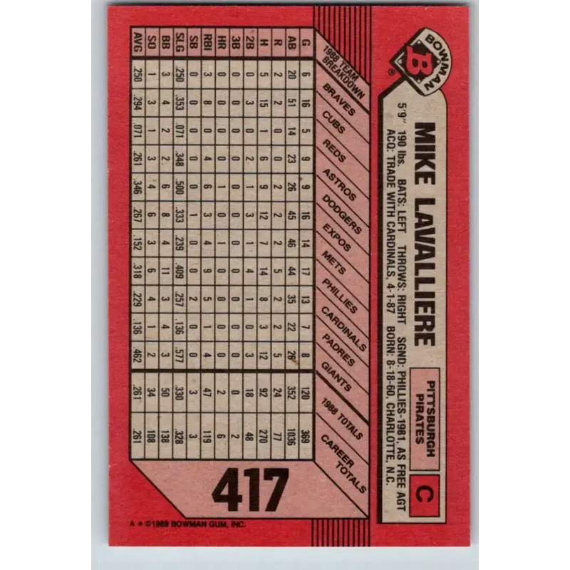 1989 Bowman #417 Mike LaValliere NM-MT Pittsburgh Pirates Baseball Card - Baseball Card Single