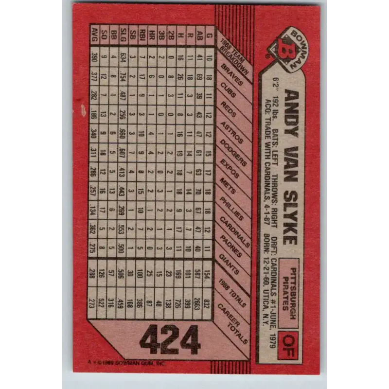 1989 Bowman #424 Andy Van Slyke NM-MT Pittsburgh Pirates Baseball Card - Baseball Card Single