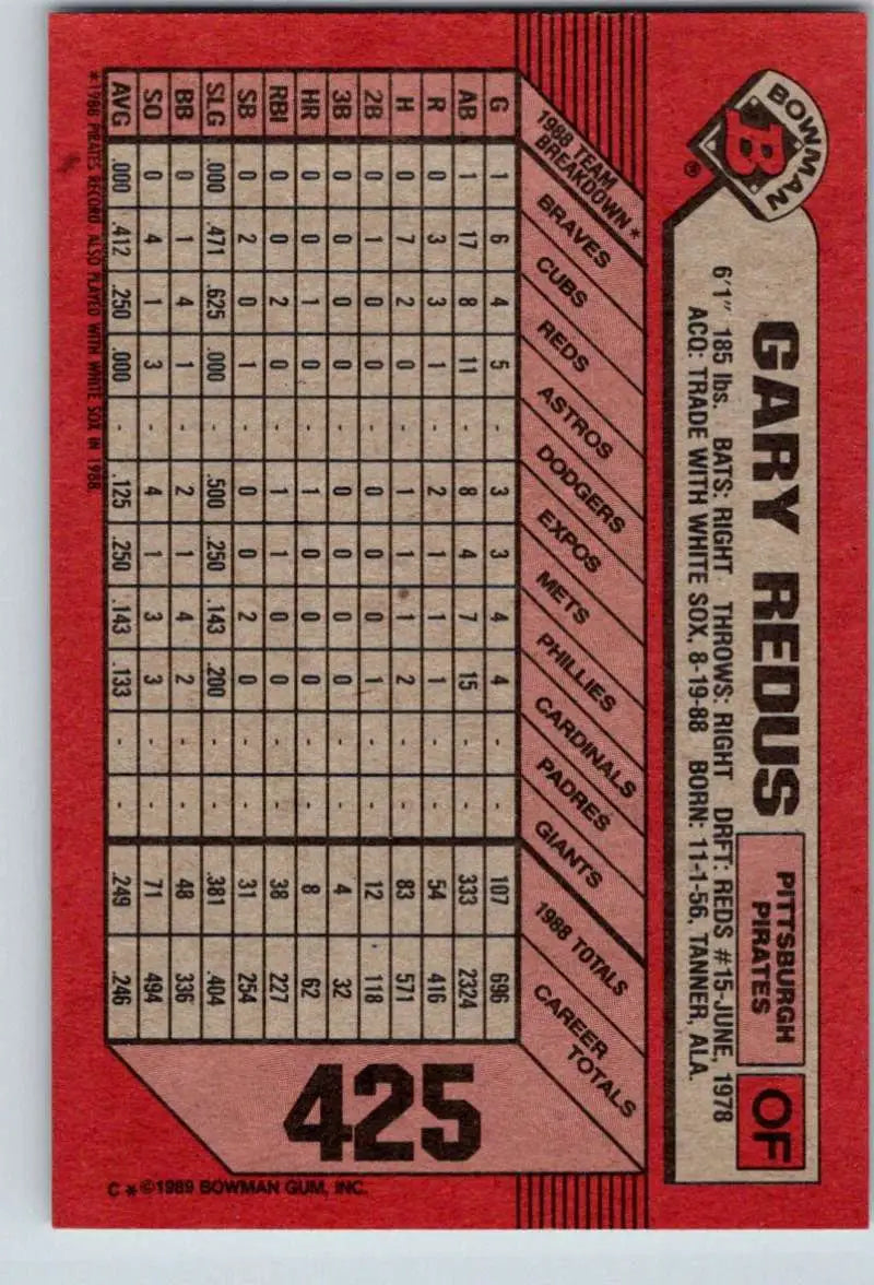 1989 Bowman #425 Gary Redus NM-MT Pittsburgh Pirates Baseball Card - Baseball Card Single