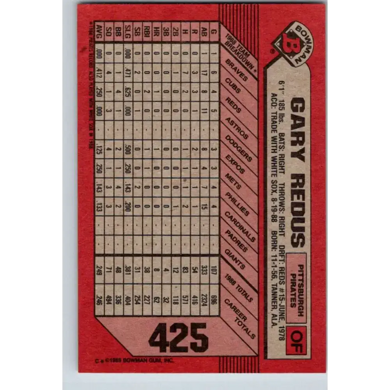 1989 Bowman #425 Gary Redus NM-MT Pittsburgh Pirates Baseball Card - Baseball Card Single