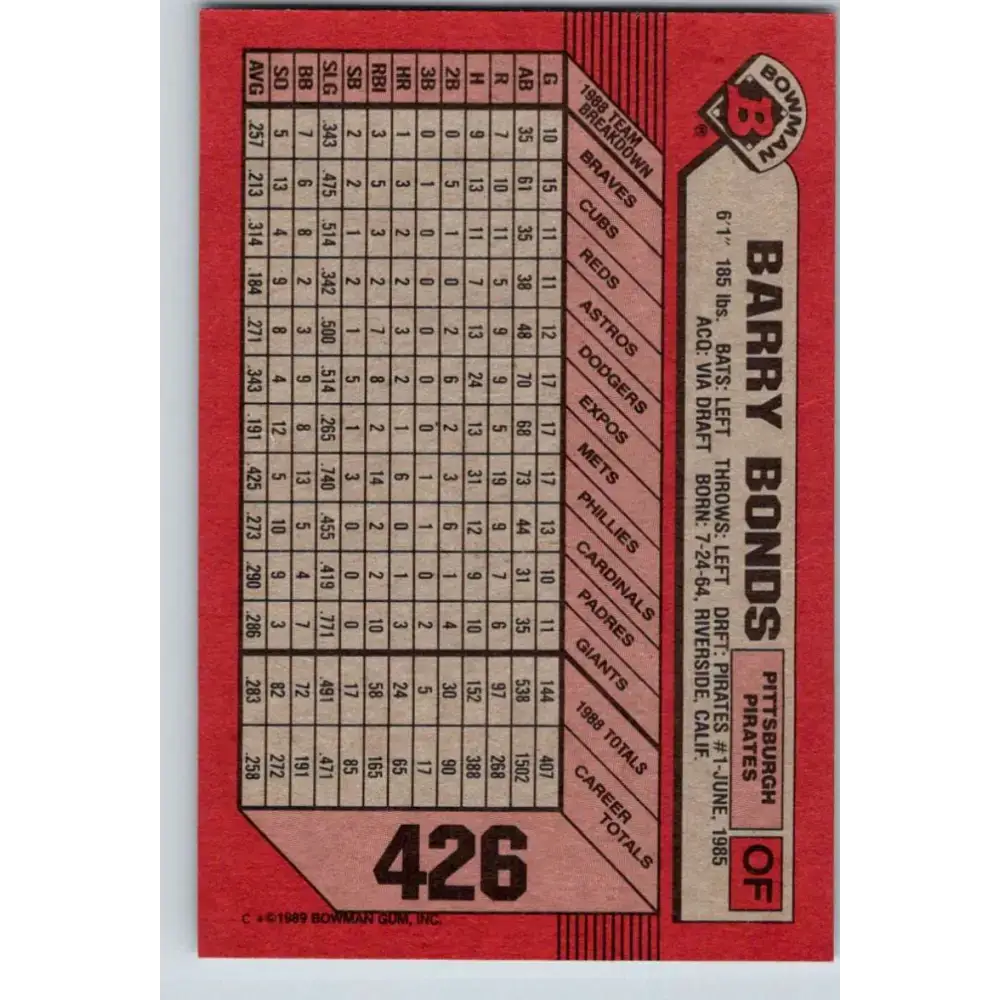 1989 Bowman #426 Barry Bonds NM-MT Pittsburgh Pirates Baseball Card - Baseball Card Single