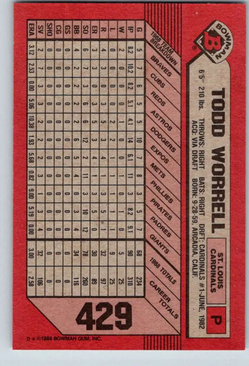 1989 Bowman #429 Todd Worrell NM-MT St. Louis Cardinals Baseball Card - Baseball Card Single