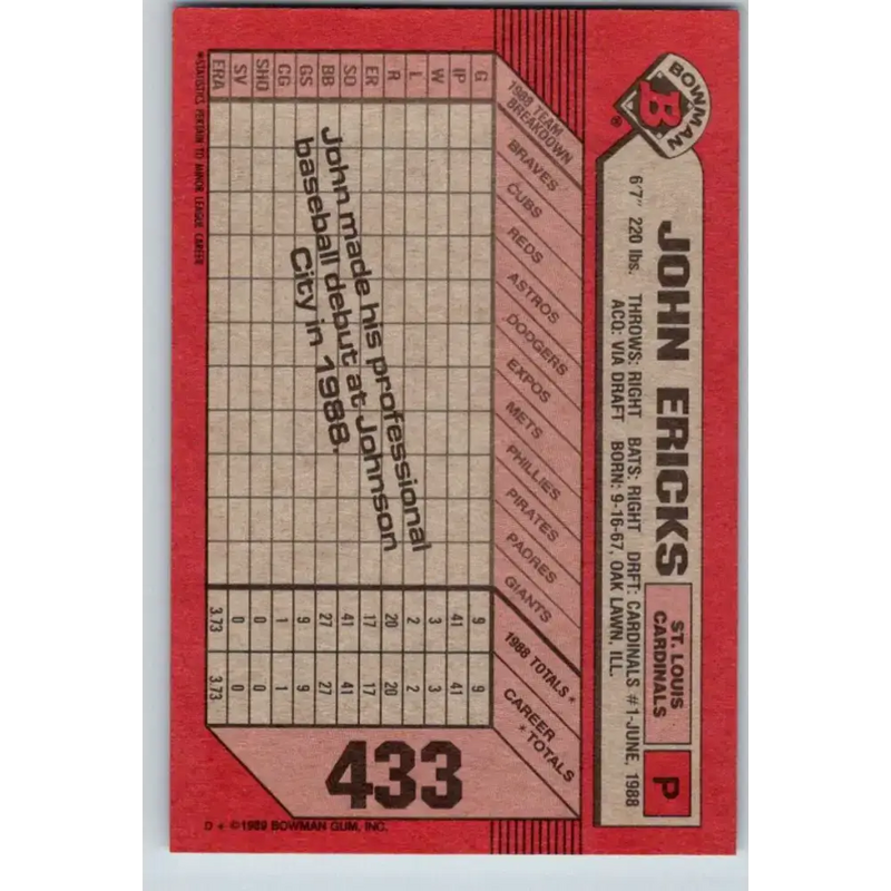 1989 Bowman #433 John Ericks NM-MT RC Rookie St. Louis Cardinals Baseball Card - Baseball Card Single
