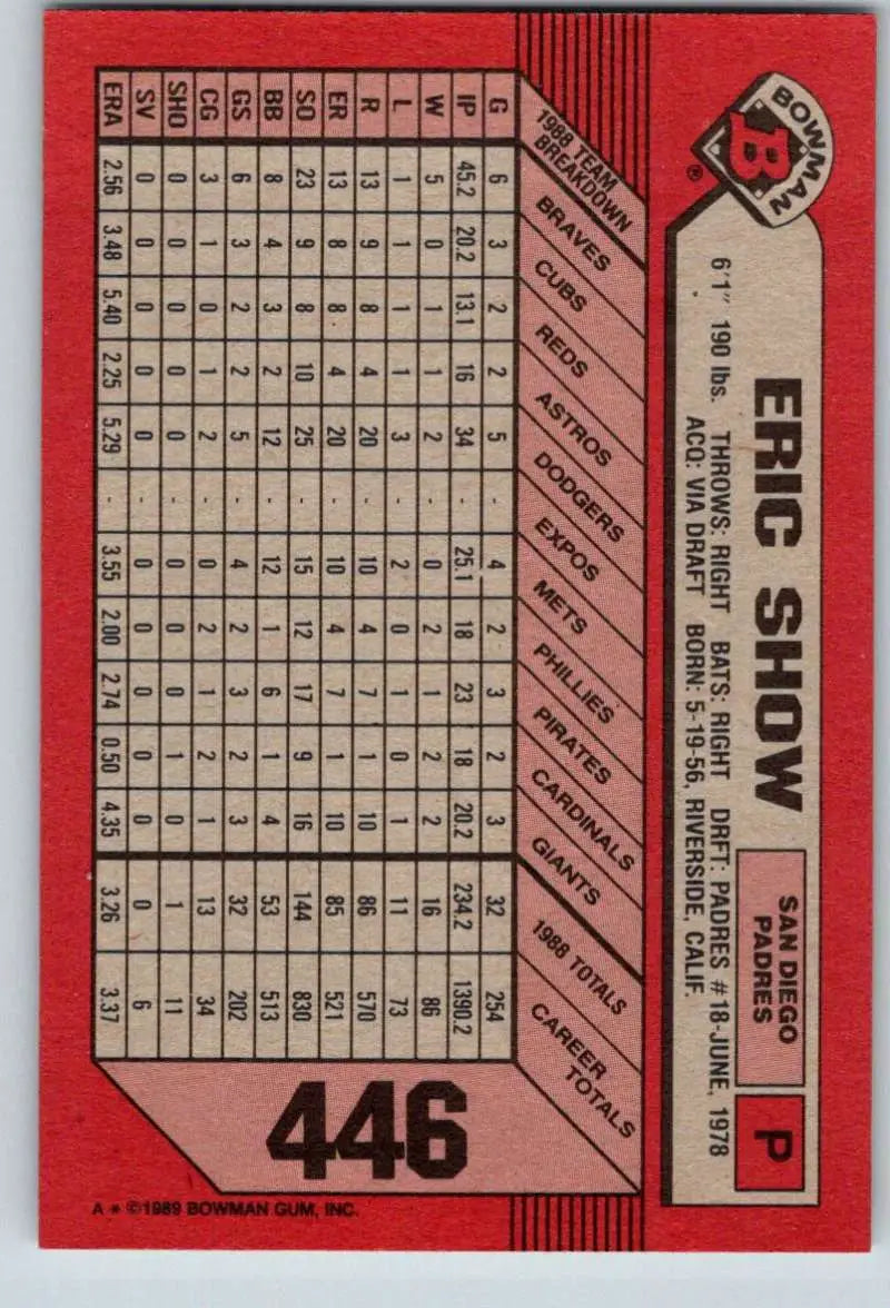 1989 Bowman #446 Eric Show NM-MT San Diego Padres Baseball Card - Baseball Card Single
