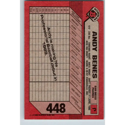 1989 Bowman #448 Andy Benes NM-MT RC Rookie San Diego Padres Baseball Card