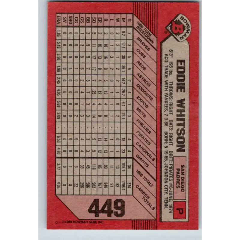 1989 Bowman #449 Ed Whitson NM-MT San Diego Padres Baseball Card - Baseball Card Single