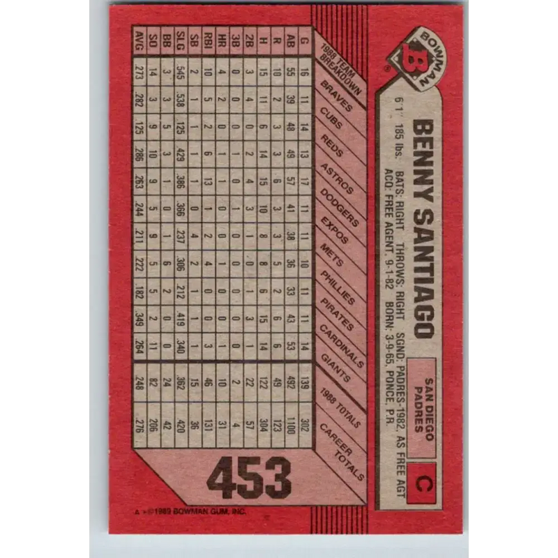 1989 Bowman #453 Benito Santiago NM-MT San Diego Padres Baseball Card - Baseball Card Single