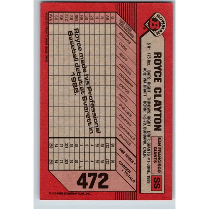 1989 Bowman #472 Royce Clayton NM-MT RC Rookie San Francisco Giants Baseball Card