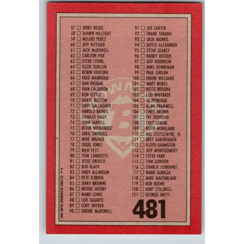 1989 Bowman #481 Checklist 1-121 NM-MT Checklist Baseball Card - Baseball Card Single