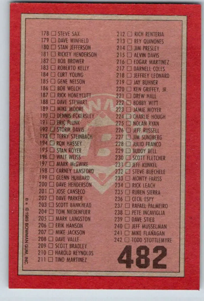 1989 Bowman #482 Checklist 122-242 NM-MT Checklist Baseball Card - Baseball Card Single