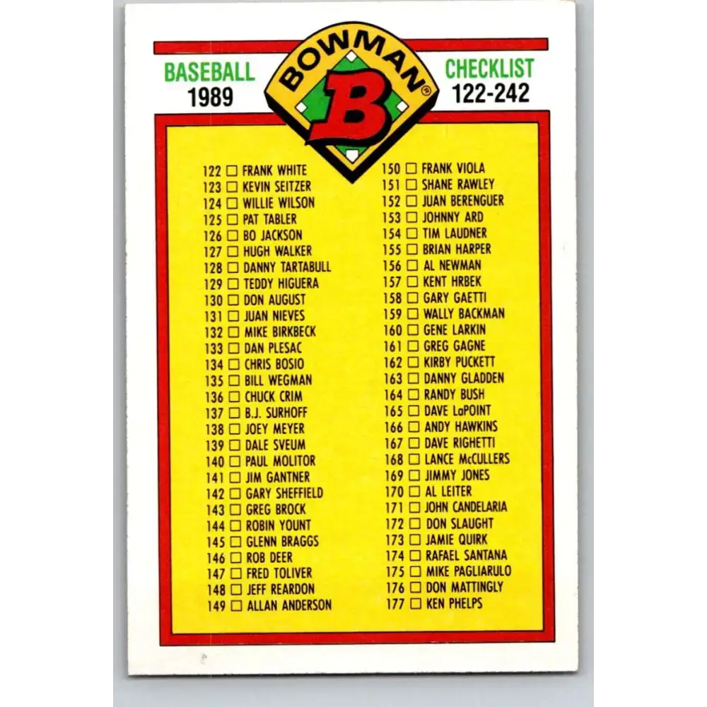 1989 Bowman #482 Checklist 122-242 NM-MT Checklist Baseball Card