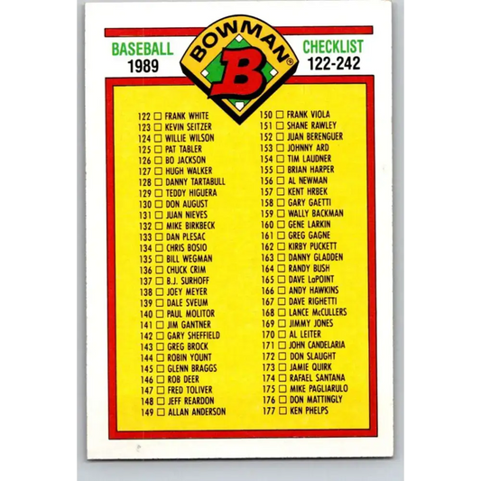 1989 Bowman #482 Checklist 122-242 NM-MT Checklist Baseball Card
