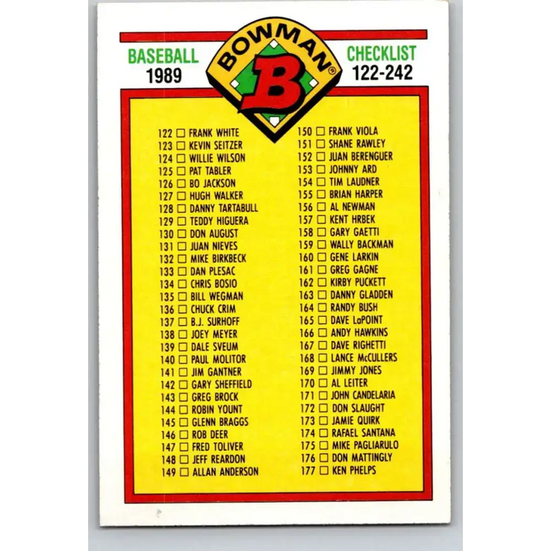 1989 Bowman #482 Checklist 122-242 NM-MT Checklist Baseball Card - Baseball Card Single
