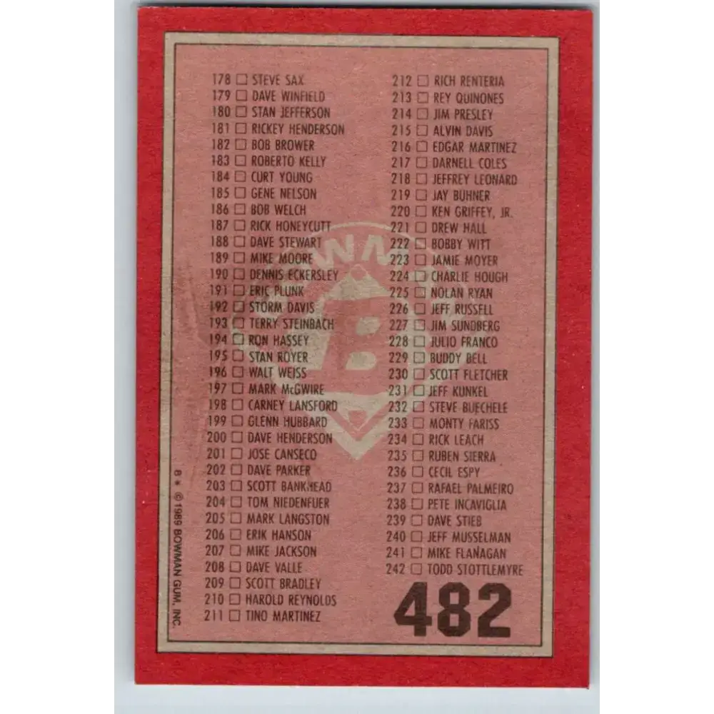 1989 Bowman #482 Checklist 122-242 NM-MT Checklist Baseball Card