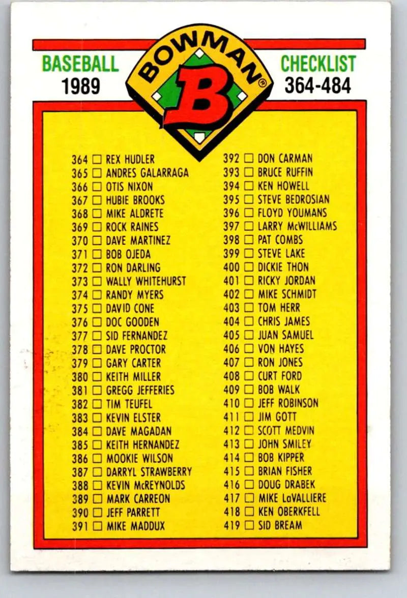 1989 Bowman #484 Checklist 364-484 NM-MT Checklist Baseball Card - Baseball Card Single