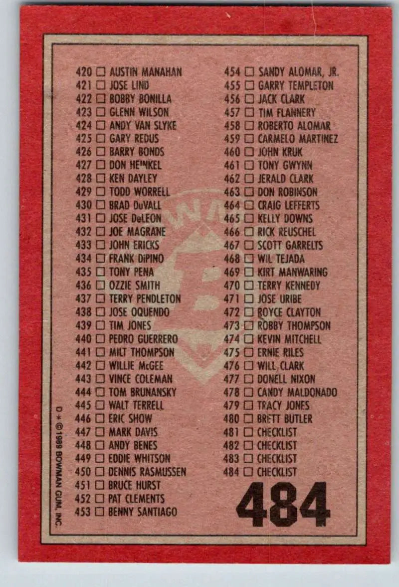 1989 Bowman #484 Checklist 364-484 NM-MT Checklist Baseball Card - Baseball Card Single