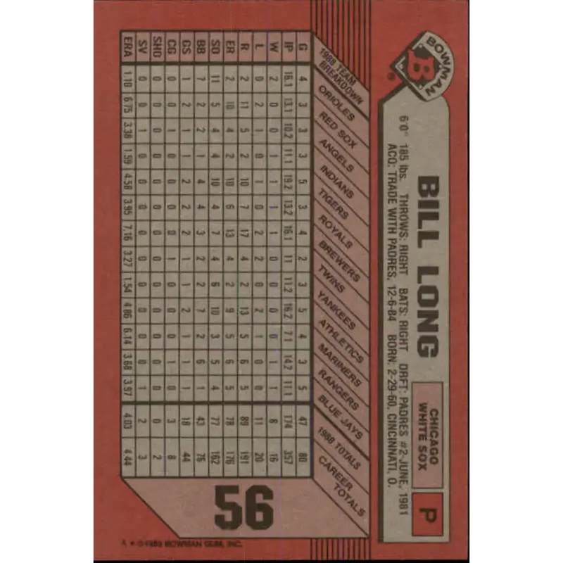 1989 Bowman #56 Bill Long NM-MT Chicago White Sox Baseball Card - Baseball Card Single