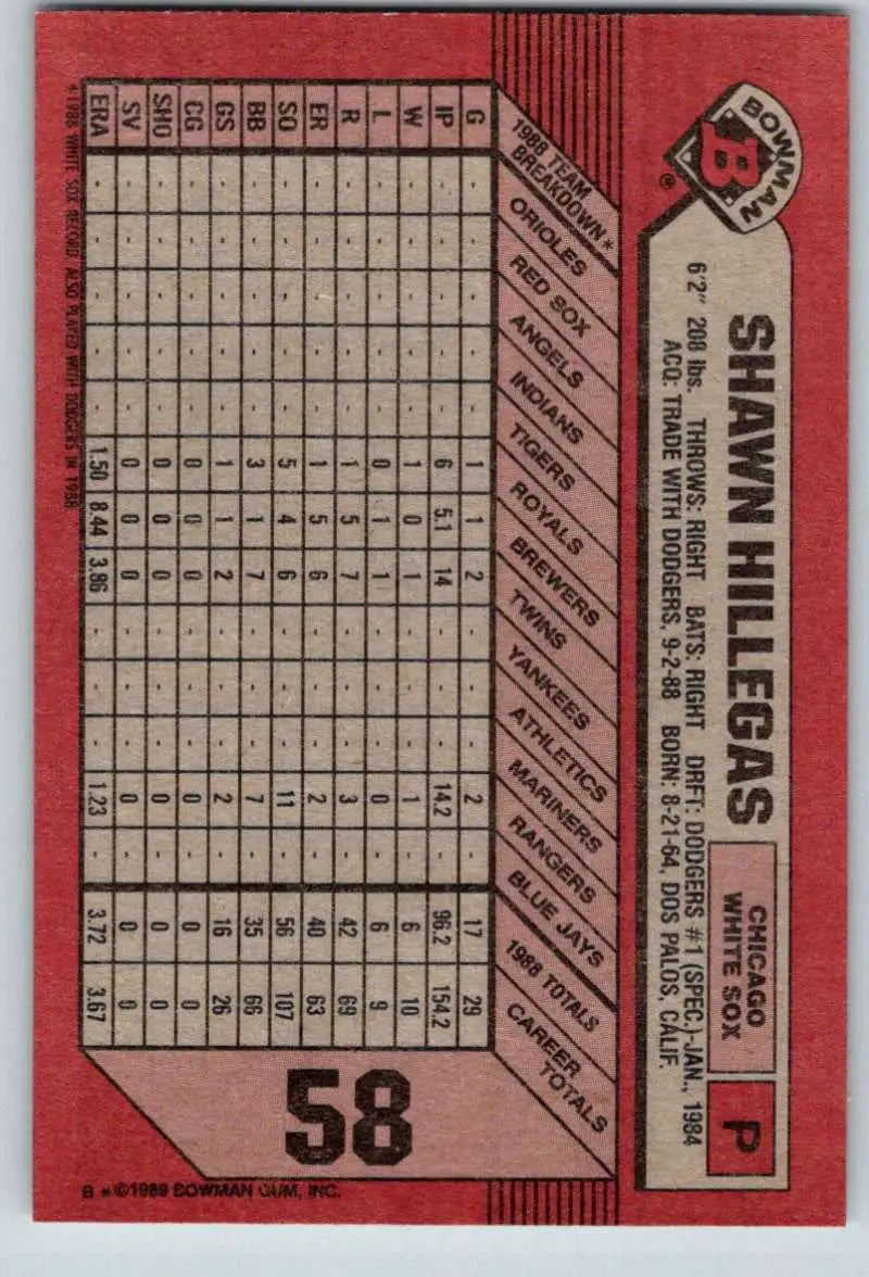 1989 Bowman #58 Shawn Hillegas NM-MT Chicago White Sox Baseball Card - Baseball Card Single