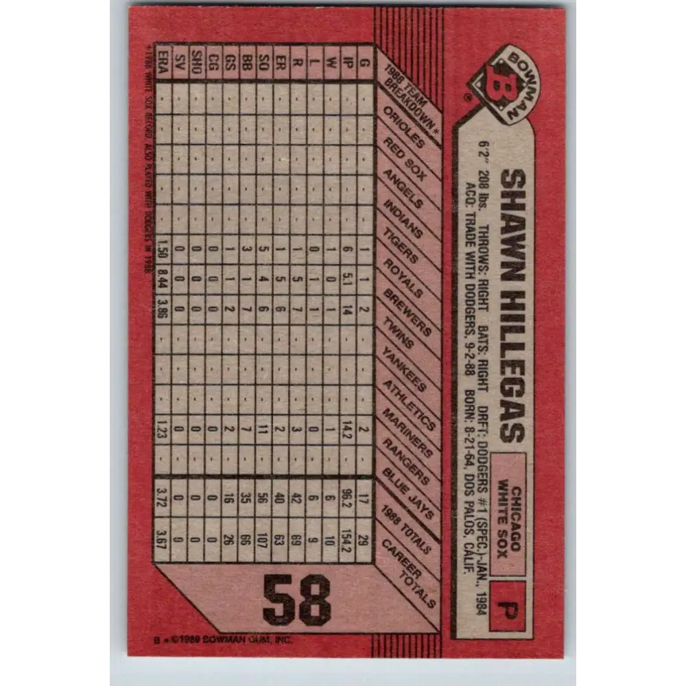 1989 Bowman #58 Shawn Hillegas NM-MT Chicago White Sox Baseball Card Image 2