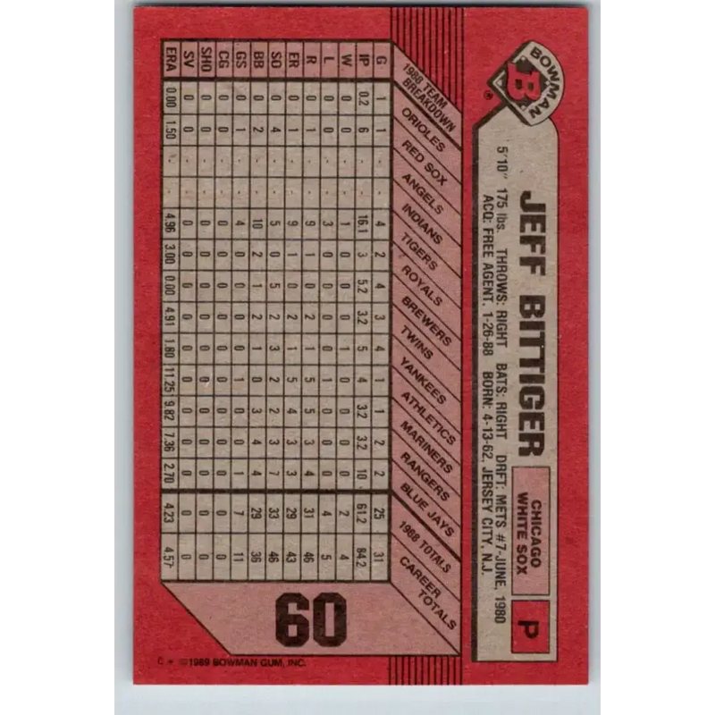 1989 Bowman #60 Jeff Bittiger NM-MT RC Rookie Chicago White Sox Baseball Card - Baseball Card Single