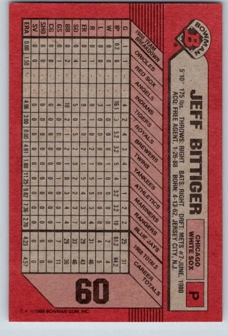 1989 Bowman #60 Jeff Bittiger NM-MT RC Rookie Chicago White Sox Baseball Card - Baseball Card Single