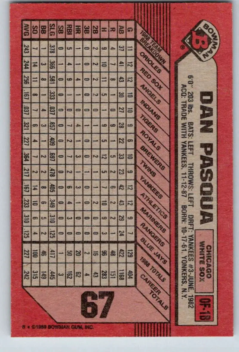 1989 Bowman #67 Dan Pasqua NM-MT Chicago White Sox Baseball Card - Baseball Card Single