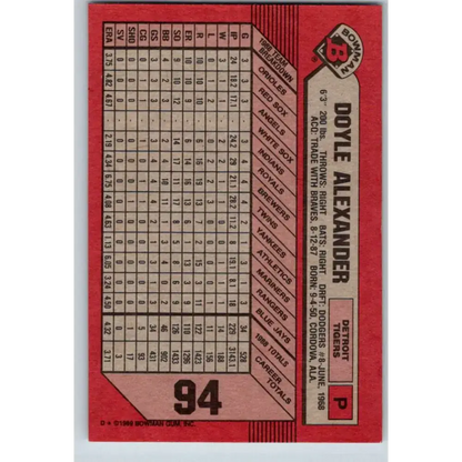 1989 Bowman #94 Doyle Alexander NM-MT Detroit Tigers Baseball Card