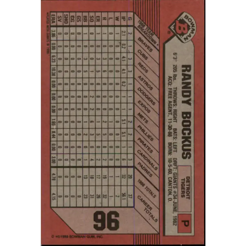 1989 Bowman #96 Randy Bockus NM-MT Detroit Tigers Baseball Card - Baseball Card Single