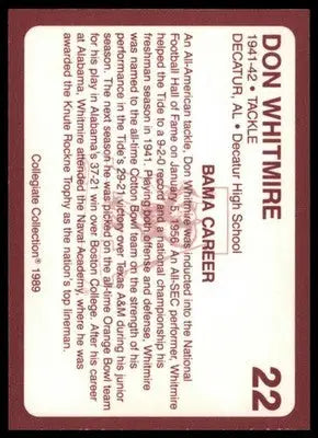 1989 Collegiate Collection Coke Alabama Crimson Tide (580) Don Whitmire 22 - Other