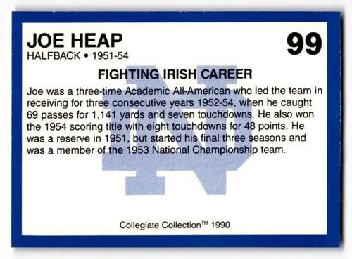 Original gloss white football trading card of Notre Dame player Joe Heap from Collegiate Collection Notre Dame