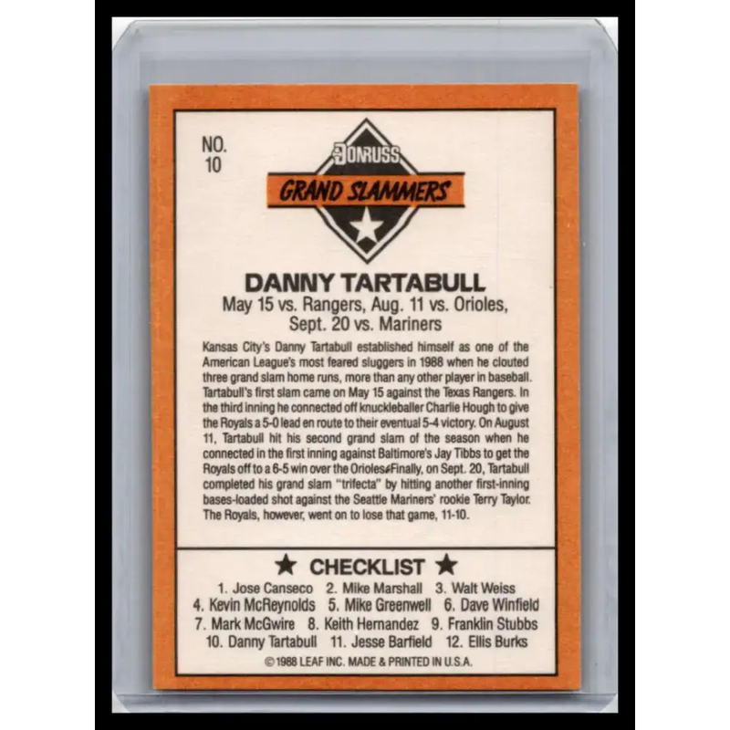 1989 Donruss #10 Danny Tartabull NM-MT Kansas City Royals Baseball Card - Baseball Card Single