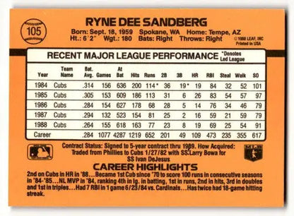 Ryne Sandberg Chicago baseball card back from 1989 Donruss #105 featuring Sandberg Chicago Cubs