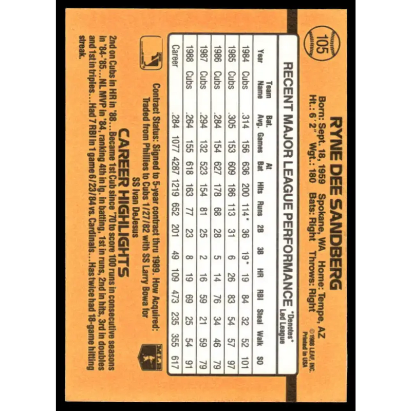 1989 Donruss #105 Ryne Sandberg EX Chicago Cubs Baseball Card - Baseball Card Single