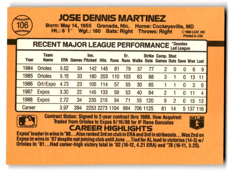 1989 Donruss #106c Dennis Martinez - Baseball Card Single