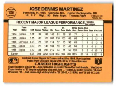 Vintage 1989 Donruss Jose Dennis Martinez baseball card 106c Dennis Martinez collectible