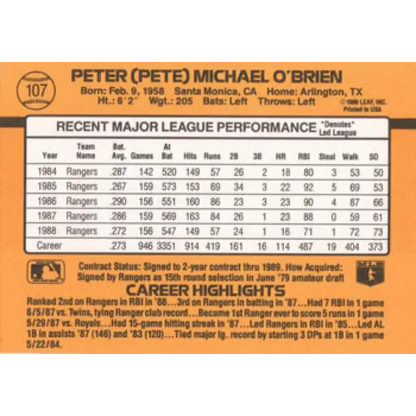 1989 Donruss #107 Pete O’Brien NM-MT Texas Rangers Baseball Card