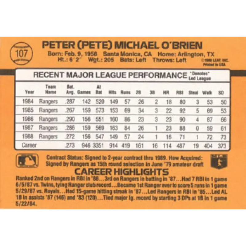 1989 Donruss #107 Pete O’Brien NM-MT Texas Rangers Baseball Card - Baseball Card Single