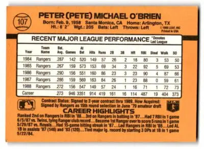 Baseball trading card featuring Pete O’Brien from 1989 Donruss #107c Pete O’Brien