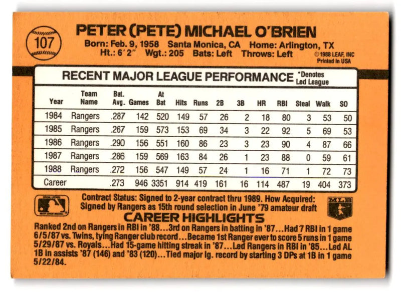 1989 Donruss #107c Pete O’Brien - Baseball Card Single