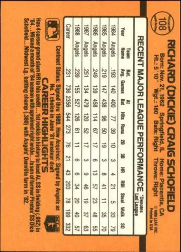 1989 Donruss #108 Dick Schofield baseball card back with original gloss, sports cards