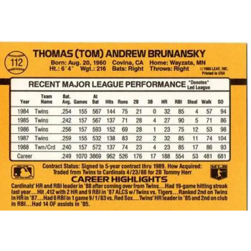 1989 Donruss #112 Tom Brunansky NM-MT St. Louis Cardinals Baseball Card - Baseball Card Single