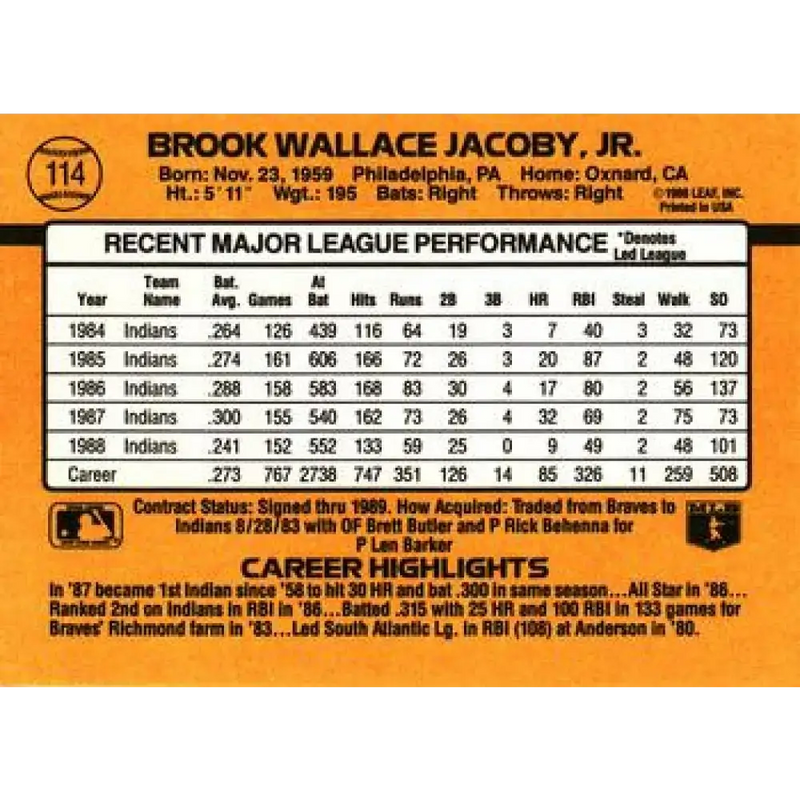 1989 Donruss #114 Brook Jacoby NM-MT Cleveland Indians Baseball Card - Baseball Card Single