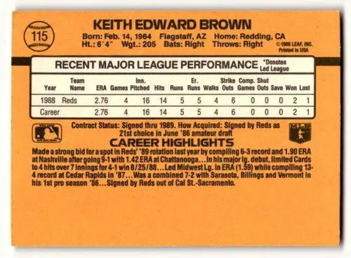 1989 Donruss #115 Keith Brown Cincinnati Reds Baseball Cards EX/NM ID:61298 - Baseball Card Single
