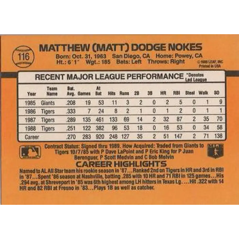 1989 Donruss #116 Matt Nokes NM-MT Detroit Tigers Baseball Card - Baseball Card Single