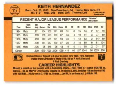 Baseball card of Keith Hernandez from 1989 Donruss #117b featuring Keith Hernandez