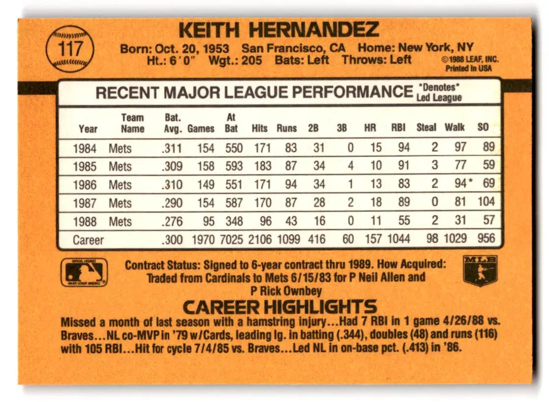1989 Donruss #117b Keith Hernandez - Baseball Card Single