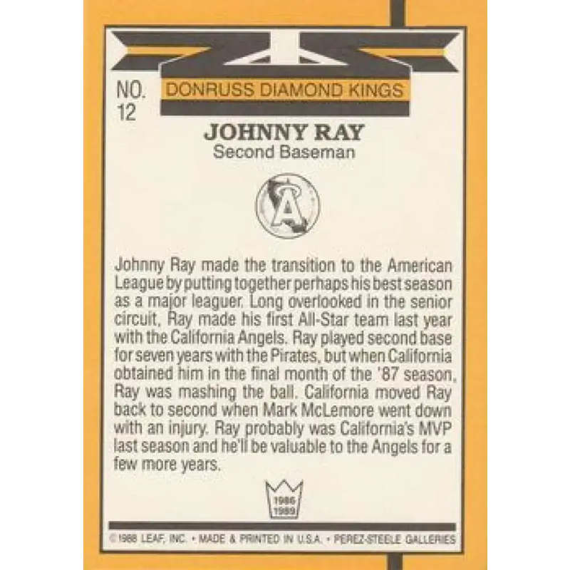 1989 Donruss #12 Johnny Ray DK NM-MT California Angels Baseball Card - Baseball Card Single