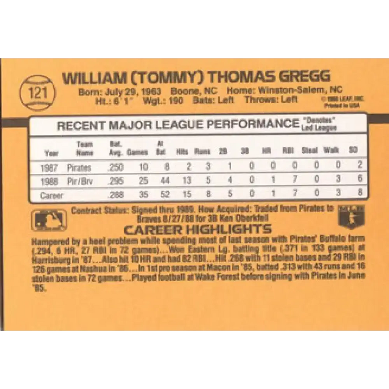 1989 Donruss #121 Tommy Gregg NM-MT Atlanta Braves Baseball Card - Baseball Card Single